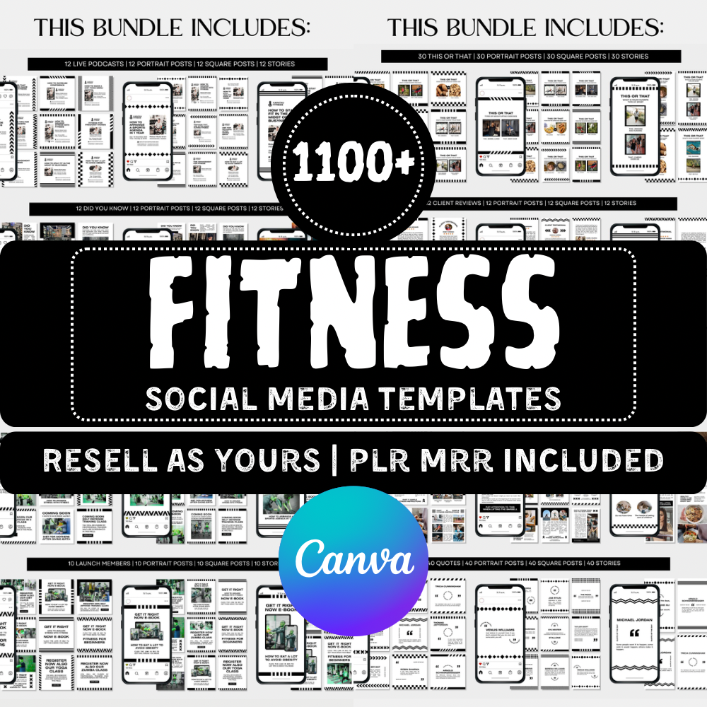 1100+ Fitness, Gym, Wellness & Coaching Instagram Templates | Canva Editable | PLR & MRR Resell Rights